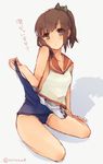  brown_eyes brown_hair full_body i-401_(kantai_collection) kantai_collection one-piece_swimsuit riruno sailor_collar school_swimsuit school_uniform short_hair short_ponytail solo swimsuit swimsuit_pull swimsuit_under_clothes tan undressing 