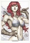  armor bikini_armor gloves muscle muscular_female navel red_hair red_sonja red_sonja_(comics) solo stanley_lau sword traditional_media weapon 
