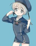  bad_id bad_pixiv_id blue_eyes clothes_writing dress hat kantai_collection looking_at_viewer melompan sailor_dress sailor_hat short_hair silver_hair simple_background smile solo z1_leberecht_maass_(kantai_collection) 