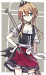  adapted_costume alternate_costume aqua_eyes berukko choker collarbone cowboy_shot dirndl german_clothes hand_on_hip iron_cross kantai_collection long_hair low_twintails one_eye_closed prinz_eugen_(kantai_collection) sketch skirt smile solo twintails 
