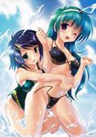  2girls ;d absurdres animal_ears aqua_swimsuit ass_visible_through_thighs barefoot bikini black_bikini blue_hair blush breast_press breasts clothes_writing collar competition_swimsuit copyright_request dated day green_eyes green_hair grin hair_ornament hairband hairclip hands_together happy highres hug hug_from_behind komatsu_eiji leg_up long_hair medium_breasts multiple_girls navel one-piece_swimsuit one_eye_closed open_mouth outdoors page_number purple_eyes short_hair side-tie_bikini sky smile sparkle string_bikini swimsuit untied untied_bikini w_arms wading wardrobe_malfunction water 
