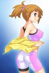  ass bare_shoulders bike_shorts blue_eyes breasts brown_hair covered_nipples cowboy_shot from_behind from_side gundam gundam_build_fighters gundam_build_fighters_try hood hoodie hoshino_fumina jpeg_artifacts kazuma_muramasa large_breasts looking_at_viewer solo sports_bra 