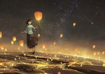  artist_name black_eyes black_hair chinese_clothes commentary horizon kklaji008 light_particles night night_sky open_mouth original scenery short_hair skirt sky smile solo standing standing_on_one_leg star_(sky) starry_sky walking walking_on_liquid 