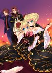  2girls beatrice black_battler blonde_hair blue_eyes bow breasts cape choker cleavage dress dual_persona flower hair_bun hair_flower hair_ornament hug large_breasts md5_mismatch multiple_boys multiple_girls necktie petals pink_bow pipe red_eyes red_hair rose smile sousui_hani umineko_no_naku_koro_ni ushiromiya_battler wide_sleeves 