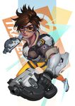  black_gloves brown_eyes brown_hair closed_mouth earring earrings female gloves goggles gun holding holding_gun holding_weapon jewelry looking_at_viewer okita overwatch short_hair smile solo tracer tracer_(overwatch) weapon 