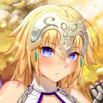  1girl bare_shoulders blonde_hair blue_eyes chains dated face fate/grand_order fate_(series) frown gauntlets headpiece jeanne_d&#039;arc_(fate) jeanne_d&#039;arc_(fate)_(all) lens_flare portrait rangsiwut_sangwatsharakul solo 