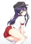  akatsuki_(kantai_collection) ass blush buruma gym_uniform hat hyuuga_azuri kantai_collection kneehighs long_hair looking_back on_ground purple_eyes purple_hair 