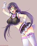  aqua_eyes breasts clenched_hands crop_top gloves hand_on_hip highres impossible_clothes large_breasts long_hair looking_at_viewer love_live! love_live!_school_idol_project midriff miniskirt no_brand_girls pleated_skirt purple_hair raised_fist skirt solo song_name thighhighs toujou_nozomi twintails very_long_hair white_gloves white_legwear yu-ta 