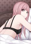  bad_id bad_pixiv_id bangs bare_shoulders black_bra blunt_bangs bra brown_eyes heisei_yutorin long_hair lying on_stomach original pillow pillow_hug pink_hair solo underwear upper_body 