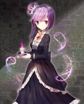  asymmetrical_hair bangs black_dress blackberry_cookie blunt_bangs blush bow candle cookie_run dress long_hair long_sleeves looking_at_viewer personification purple_eyes purple_hair short_hair side_ponytail solo soriya 