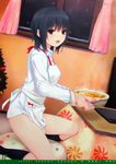  :d absurdres aoyama_sumika apron bangs black_hair blush brown_eyes calendar_(medium) christmas christmas_tree coffee-kizoku collar curtains dress_shirt eyebrows_visible_through_hair from_side highres holding indoors kneehighs kotatsu long_sleeves looking_at_viewer mittens nabe no_pants non-web_source open_mouth original oven_mitts panties photo pillow ribbon shirt short_hair sitting smile socks solo steam table tree underwear white_panties white_shirt window 