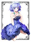  alternate_costume bare_shoulders blue_eyes blue_hair blush breasts collarbone dress e.o. formal hands_on_own_chest highres izayoi_sakuya kneeling looking_at_viewer maid_headdress medium_breasts short_hair smile solo strapless strapless_dress touhou 