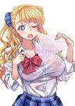  asymmetrical_hair blonde_hair blue_eyes blush bra breasts galko gyaru jpeg_artifacts kogal large_breasts long_hair matsuryuu one_eye_closed one_side_up open_mouth oshiete!_galko-chan pink_bra school_uniform scrunchie see-through side_bun skirt solo sweat underwear wet wet_clothes 