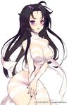  1girl bandages black_hair blush breasts hair_down heterochromia lab_rat_rabian long_hair looking_at_viewer medium_breasts mummy nail_polish naked_bandage official_art open_mouth purple_eyes soccer_spirits solo watermark white_background 