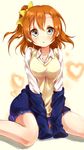  blue_eyes bow breasts brown_hair cardigan hair_bow hair_ornament heart kousaka_honoka long_sleeves looking_at_viewer love_live! love_live!_school_idol_project medium_breasts no_bowtie one_side_up open_mouth otonokizaka_school_uniform pachi_(sugiyama0306) school_uniform short_hair sitting skirt wariza 