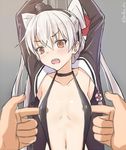  amatsukaze_(kantai_collection) armpits arms_up blush brown_eyes collarbone fang flat_chest hair_tubes kanden_suki kantai_collection long_hair looking_at_viewer navel no_bra open_clothes open_mouth open_shirt shirt tears two_side_up white_hair windsock 