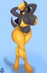  2019 absurd_res angrypotato96 anthro anubian_jackal belt big_breasts big_lips biker_cap bikini bikini_top black_fur black_hair black_nose boots breasts brown_eyes canid canine canis cleavage clothed clothing digital_media_(artwork) female footwear fur golden_lipstick hair hi_res huge_breasts jackal latex_pants legwear lips lipstick looking_at_viewer makeup mammal navel rachael_wilde_(lildredre) rubber simple_background smile solo standing swimsuit thick_thighs voluptuous wide_hips 