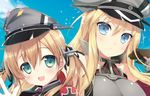  anchor_hair_ornament bismarck_(kantai_collection) black_ribbon blonde_hair blue_eyes blush breasts gloves green_eyes hair_ornament hair_ribbon hat iron_cross kantai_collection large_breasts long_hair military military_uniform multiple_girls narumi_yuu_(bunbukudou) open_mouth peaked_cap prinz_eugen_(kantai_collection) ribbon smile twintails uniform white_gloves 