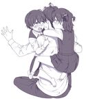  2boys barefoot blush brother_and_sister brothers carrying d: from_behind full_body hair_grab hair_ornament mattaku_mousuke monochrome multiple_boys no_shoes open_mouth original piggyback profile sandwiched school_uniform shirt_grab siblings sitting socks sweatdrop tears tongue tongue_out twins two_side_up v-shaped_eyebrows 