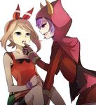  age_difference between_legs bike_shorts blue_eyes blush brown_hair fake_horns fanny_pack finger_in_another's_mouth gloves hair_ribbon hand_between_legs haruka_(pokemon) hood horned_headwear kagari_(pokemon) multiple_girls onigensou open_mouth pokemon pokemon_(game) pokemon_oras purple_eyes purple_hair ribbon shirt short_hair short_shorts shorts sleeveless sleeveless_shirt team_magma tears tongue uniform white_background yuri 