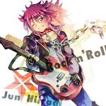  chain collar electric_guitar fingerless_gloves gloves grin guitar hiiragi_jun ice_(iceglacier) instrument jacket leash male_focus one_eye_closed onegai_my_melody purple_eyes purple_hair smile solo 