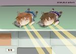  brown_eyes brown_hair chibi dual_persona furutaka_(kantai_collection) hair_ornament hairclip hinata_yuu kantai_collection light lying multiple_girls on_stomach school_uniform serafuku smile 