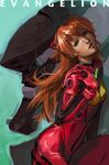  blue_eyes bodysuit breasts brown_hair copyright_name eva_02 hairpods head_back james_ghio lips long_hair mecha neon_genesis_evangelion nose plugsuit realistic signature small_breasts solo source_request souryuu_asuka_langley 