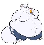  anthro arctic_fox barefoot belly belly_overhang beverage big_belly canid canine chubby_cheeks claws clothed clothing fox fur holding_beverage holding_object hyper hyper_belly love_handles macroceli_(artist) male mammal moobs morbidly_obese navel obese obese_male overweight overweight_male smile solo standing thick_thighs toe_claws topless torn_clothing white_fur wide_hips 
