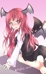  ass barefoot between_breasts blush breasts collared_shirt demon_wings detached_wings dress_shirt head_wings heart heart-shaped_pupils koakuma long_hair long_sleeves looking_back mickeysmith necktie necktie_between_breasts no_panties red_eyes red_hair shirt skirt skirt_set solo symbol-shaped_pupils tears touhou twitter_username vest white_shirt wings 