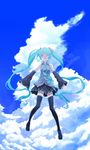  bad_id bad_pixiv_id black_legwear closed_eyes cloud day detached_sleeves green_hair hair_ornament hatsune_miku highres long_hair looking_at_viewer necktie parted_lips pleated_skirt rinta_(reyte) skirt sky solo thighhighs twintails vocaloid zettai_ryouiki 