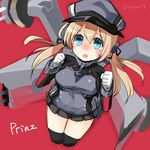  anchor_hair_ornament bad_id bad_twitter_id black_legwear black_ribbon black_skirt blonde_hair blue_eyes character_name from_above gloves hair_ornament hair_ribbon hat kantai_collection kibunya kneehighs long_hair long_sleeves looking_up machinery microskirt military military_uniform open_mouth peaked_cap pleated_skirt prinz_eugen_(kantai_collection) red_background ribbon simple_background skirt solo thighhighs turret twintails twitter_username uniform white_gloves 