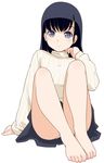  adjusting_clothes barefoot black_hair expressionless feet feet_together full_body highres legs legs_folded long_hair long_sleeves looking_at_viewer matsunaga_kouyou original panties panty_peek purple_eyes simple_background sitting skirt solo sweater toes turtleneck underwear white_background 