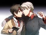  aki_(neyuki41028) aldnoah.zero brown_eyes brown_hair gun kaizuka_inaho looking_at_viewer male_focus military military_uniform multiple_boys necktie school_uniform silver_hair slaine_troyard uniform weapon yaoi 