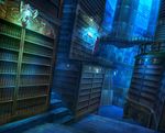  blonde_hair blue book bookshelf commentary dark dress fantasy floating_book kaitan lantern library long_hair magic original revision scenery solo stairs too_many too_many_books very_long_hair 