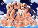  akiyama_mio ass bikini bikini_tan black_eyes black_hair blonde_hair blue_eyes blush brown_eyes brown_hair cloud day girl_sandwich group_hug hirasawa_yui hug k-on! kotobuki_tsumugi long_hair looking_at_viewer multiple_girls nakano_azusa o-ring o-ring_bottom outdoors outstretched_arm sandwiched sasayuki short_hair side-tie_bikini sky slingshot_swimsuit smile splashing swimsuit tainaka_ritsu tan tanline twintails wading water 