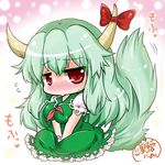  between_breasts blush breasts chibi ex-keine full-face_blush green_hair horn_ribbon horns impossible_clothes kamishirasawa_keine large_breasts long_hair looking_at_viewer noai_nioshi red_eyes ribbon sitting solo tail touhou translation_request 
