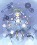  black_legwear blue_hair closed_eyes frilled_sleeves frills gears hair_bobbles hair_ornament hat kaminendo kawashiro_nitori key long_sleeves looking_at_viewer parted_lips shirt shoes skirt solo touhou two_side_up 