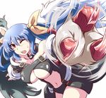  asymmetrical_wings blue_hair breasts dizzy guilty_gear kuro_goma_(kakkou11) large_breasts leaning_forward one_eye_closed open_mouth simple_background solo white_background wings 