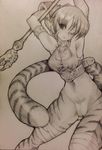  animal_ears armlet armpits arms_up bandages bottomless breasts breath_of_fire breath_of_fire_ii cat_ears cat_tail cleavage cowboy_shot fur highres inoe medium_breasts monochrome one_eye_closed pussy rinpoo_chuan solo staff tail traditional_media 