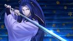  assassin_(fate/stay_night) blue_eyes blue_hair fate/stay_night fate_(series) japanese_clothes kotera_ryou leaf male_focus maple_leaf monohoshizao ootachi solo stairs sword weapon 