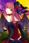  amano-sora bad_id bad_pixiv_id bat_wings elbow_gloves fang gloves halloween highres original pink_hair pointy_ears red_eyes solo wings 