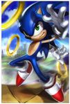  blue_skin border furry gloves green_eyes james_ghio motion_blur running shoes smile sneakers solo sonic sonic_the_hedgehog watermark web_address white_gloves 