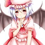  album_cover bat_wings blue_hair chikuwa_savi cover finger_to_mouth hat red_eyes remilia_scarlet ribbon short_hair solo touhou wings 
