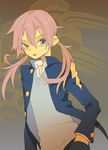  4444yon child gakuran inazuma_eleven inazuma_eleven_(series) kirino_ranmaru long_hair male male_focus ponytail pullover school_uniform simple_background solo standing uniform 