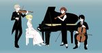  2girls aki_(neyuki41028) aldnoah.zero asseylum_vers_allusia blonde_hair brown_hair cello coattails dress formal instrument kaizuka_inaho multiple_boys multiple_girls phone piano rayet_areash red_hair short_hair slaine_troyard suit violin 