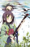  :o air_bubble bachi blush brown_hair bubble different_reflection dot_nose green_eyes highres holding instrument japanese_clothes kantoku_(style) kawai kimono long_hair looking_at_viewer original plant plectrum reflection shamisen smile solo underwater wide_sleeves 