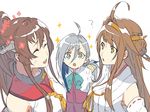  3girls ? ahoge bad_id bad_twitter_id blue_eyes brown_eyes brown_hair closed_eyes detached_sleeves flower grey_hair hair_bun hair_flower hair_ornament hairband kantai_collection kiyoshimo_(kantai_collection) kongou_(kantai_collection) long_hair mou_(mooooow) multiple_girls nontraditional_miko open_mouth ponytail sidelocks simple_background smile sparkle white_background yamato_(kantai_collection) 