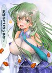  774r bare_shoulders blush breasts covered_nipples detached_sleeves frog_hair_ornament green_eyes green_hair hair_ornament heart kochiya_sanae large_breasts leaf long_hair necktie nipples open_mouth see-through sky smile snake_hair_ornament solo soraneko_(192355) speech_bubble touhou 