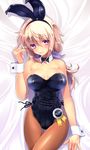  1girl animal_ears blonde_hair bow bowtie bunny_ears bunnysuit character_name charlotte_dunois collar infinite_stratos leotard long_hair pantyhose satin satin_sheets solo wrist_cuffs 