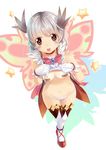  bandaid bandaids_on_nipples bare_shoulders blush brown_eyes brown_hair butterfly_wings colored_shadow fairy full_body gloves hair_ornament happy_(sennen_sensou_aigis) highres looking_at_viewer nashigo navel panties pasties sennen_sensou_aigis shadow shirt_lift shoes short_hair silver_hair solo standing standing_on_one_leg star thighhighs tongue tongue_out underwear white_background white_panties wings 